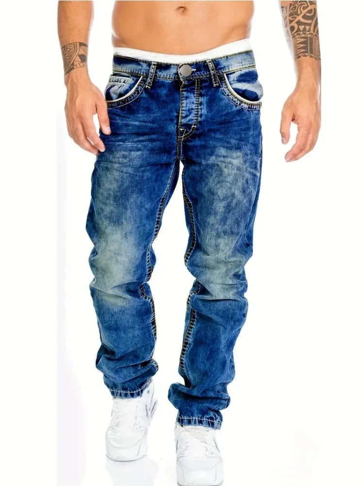 European American Jeans Men's Autumn New Slim Elastic Trousers Fashionable Vintage Wash Denim Pants Male Streetwear - Matrix Studios