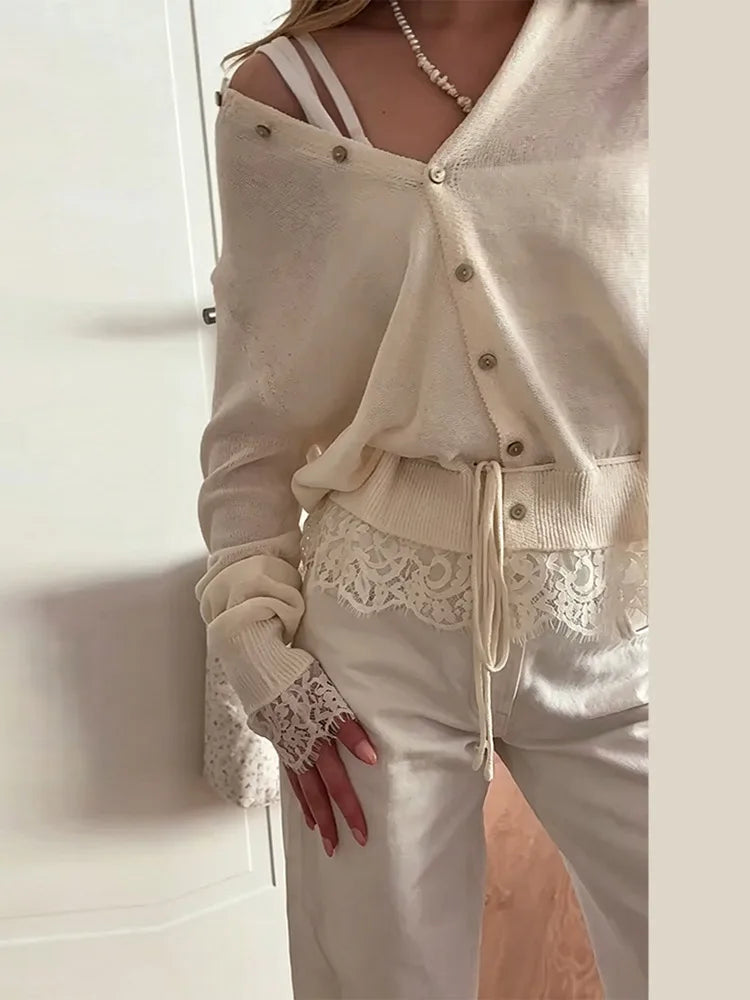 Knitted Women Cardigan Drawstring Cinched Waist Lace Trim Single Breasted Sweater Sheer O-Neck Solid Sweater Elegant Tops Ladies - Matrix Studios