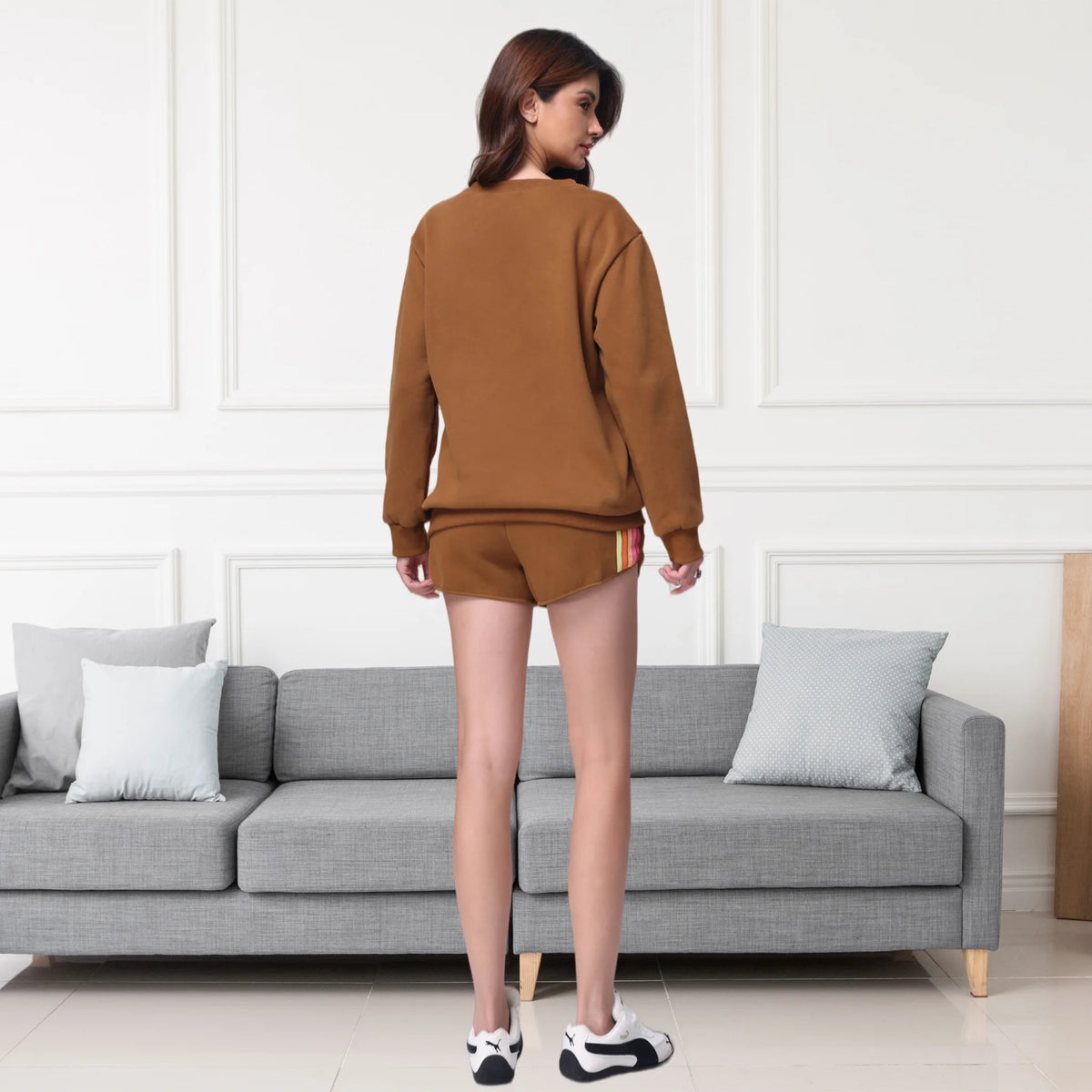 Cozy 2 Piece Outfit Set for Women, Soft Long Sleeve Top & Casual Shorts Matching Set, Relaxed Fit Loungewear Tracksuit for Daily Wear Going Out - Matrix-studios.com