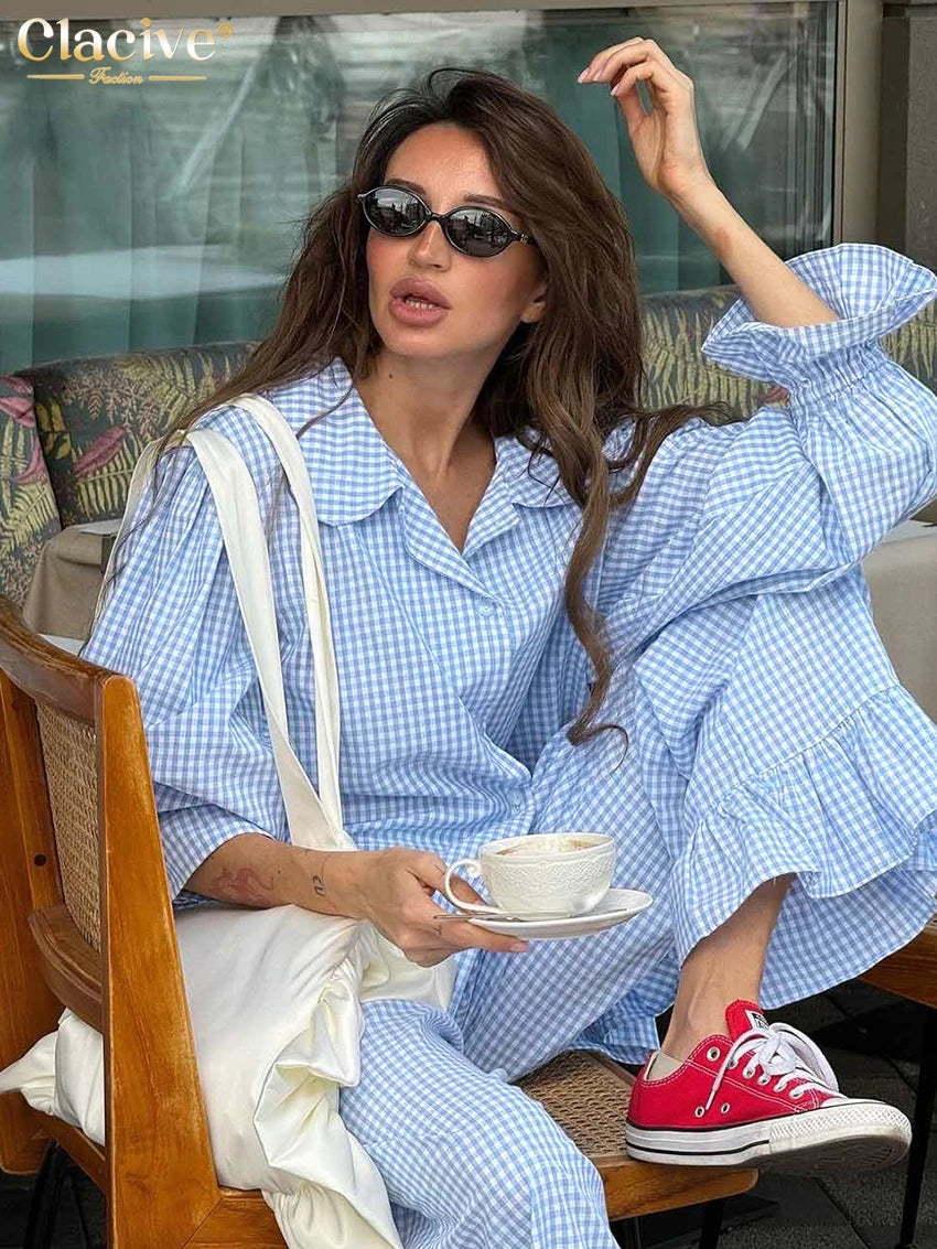 Clacive Fashion Loose Plaid Cotton Women's 3 Pieces Set 2025 Elegant Long Sleeve Shirt With High Wiast Wide Pants Set Female - Matrix-studios.com