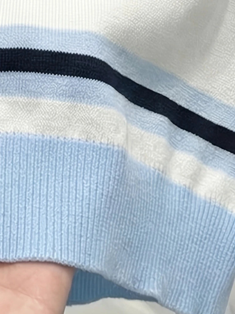 Polo Collar Striped Heart Knit Tee Women White Blue Black Short Sleeve Soft Stretch Sweet Daily Office SlimKnit T Shirt Blouse - Matrix-studios.com
