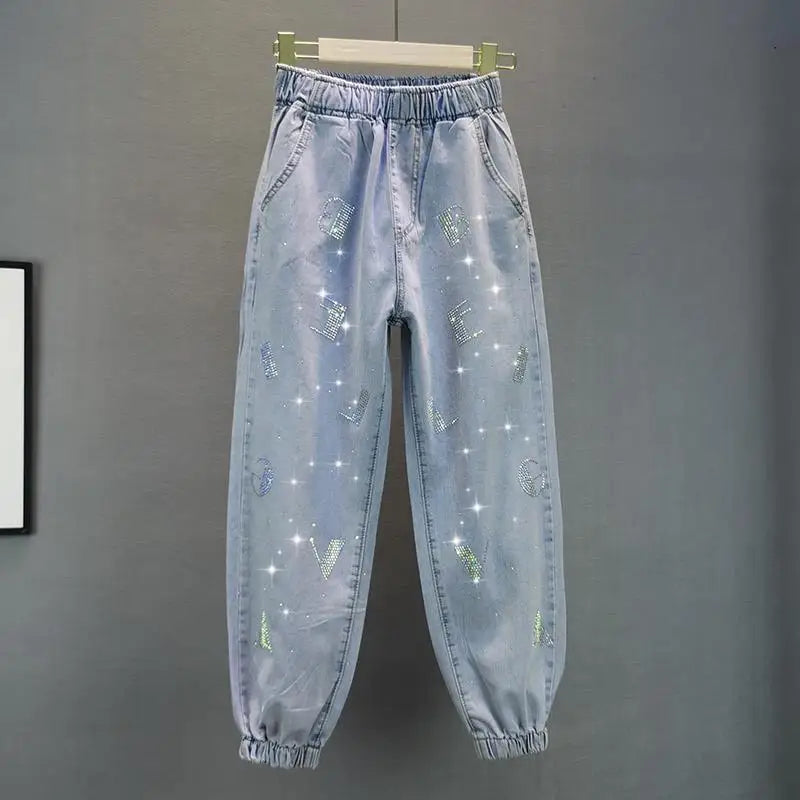High waisted Jeans For Summer 2026 New Loose Elastic waist Hot pressed Diamond Pants Women's Casual Denim Trousers - Matrix-studios.com