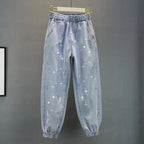 High waisted Jeans For Summer 2026 New Loose Elastic waist Hot pressed Diamond Pants Women's Casual Denim Trousers - Matrix-studios.com