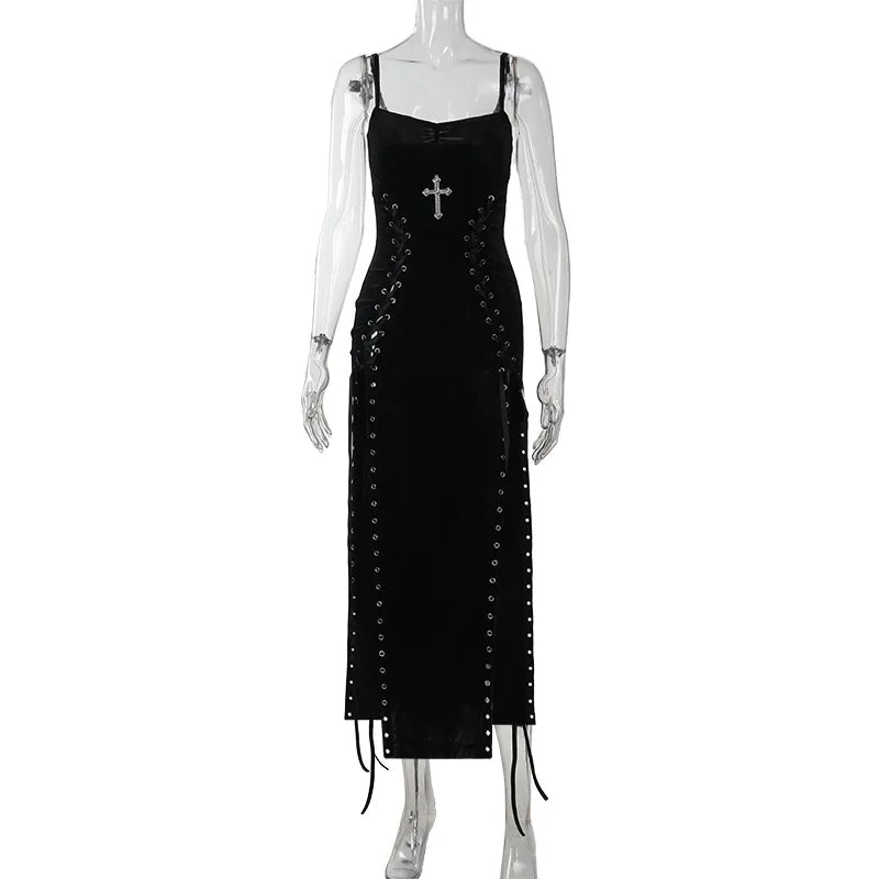 Goth Dark Punk Grunge High Split Hem Straps Dess 90s Streetwear Gown Women Sexy Corn Bandage Velvet Dresses Mall Gothic Clothing - Matrix-studios.com
