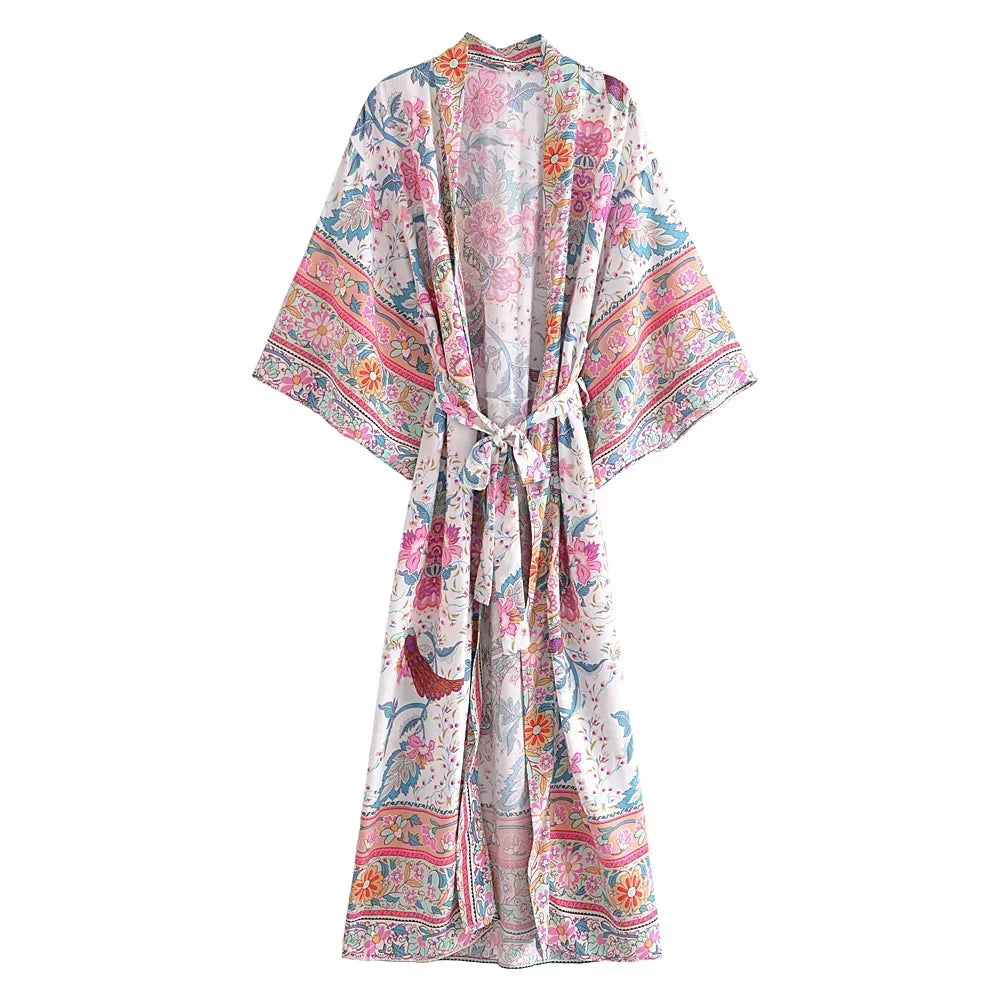 Happie Queens Women Green Peacock Print Bat Sleeve Beach Bohemian Kimono Robe Ladies V Neck  Boho Bikini Cover-ups - Matrix Studios