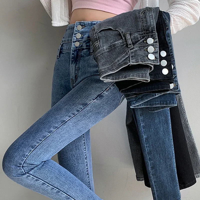 New Women's High Waist Stretch Jeans Blue Black Gray Fashionable and Versatile Multi-button Popular Slim Denim Long Pants Female - Matrix-studios.com