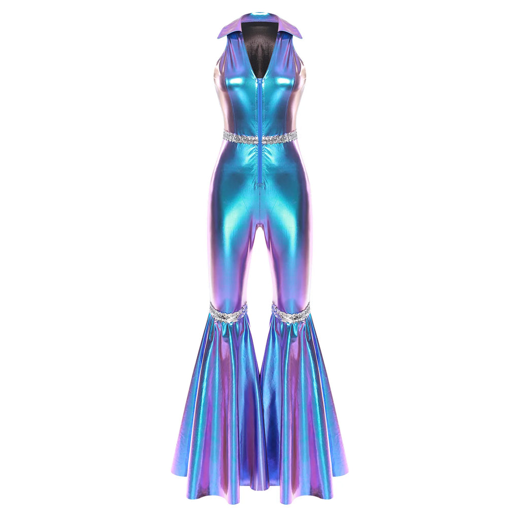 Adult Womens 70s Disco Rompers Lapel V Neck Sleeveless Front Zipper Sequins Bell Bottom Long Pants Jumpsuit Retro Jazz Dancewear - Matrix Studios