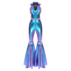 Adult Womens 70s Disco Rompers Lapel V Neck Sleeveless Front Zipper Sequins Bell Bottom Long Pants Jumpsuit Retro Jazz Dancewear - Matrix Studios