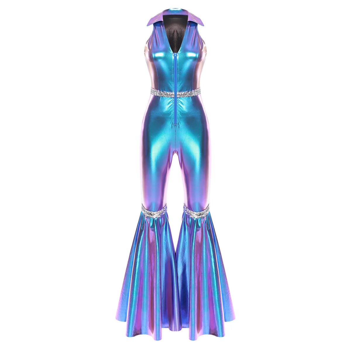 Adult Womens 70s Disco Rompers Lapel V Neck Sleeveless Front Zipper Sequins Bell Bottom Long Pants Jumpsuit Retro Jazz Dancewear - Matrix Studios