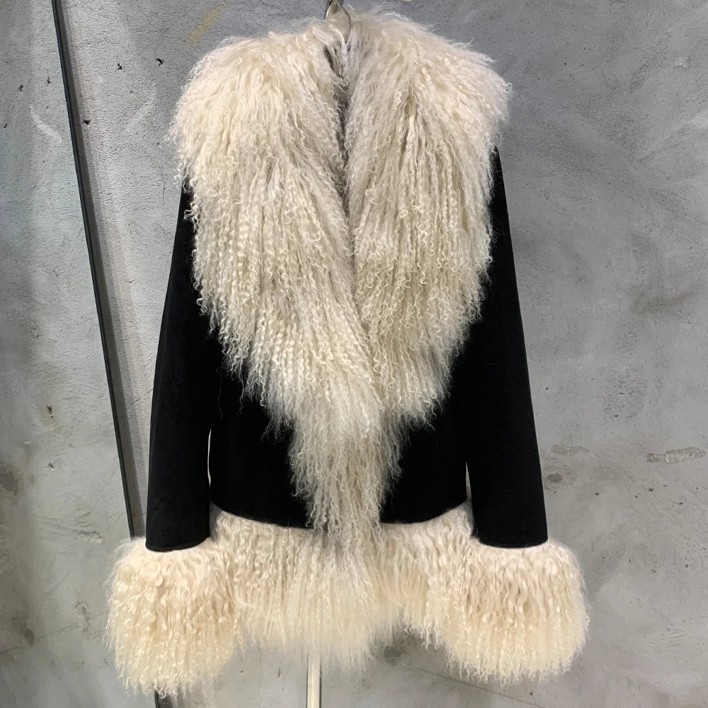 Sheep Fur Leather Coats Women Winter Luxury Mongolian Fur Leather Jackets with Long Sleeve with Natural Mongolian Fur 7251 - Matrix Studios