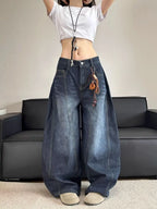Stylish Chic Elegant Embroidered Patchwork Jeans Women Vintage Washed Draping Denim Straight Loose Fit Slimming Versatile Pants - Matrix-studios.com