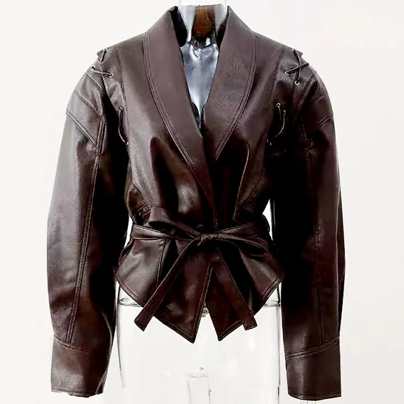 Fashion Lapel Wine Red Leather PU Jacket Autumn Winter Women's Jackets Vintage Long Sleeve Crop Coats Belt High Street New Coat - Matrix Studios