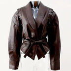 Fashion Lapel Wine Red Leather PU Jacket Autumn Winter Women's Jackets Vintage Long Sleeve Crop Coats Belt High Street New Coat - Matrix Studios