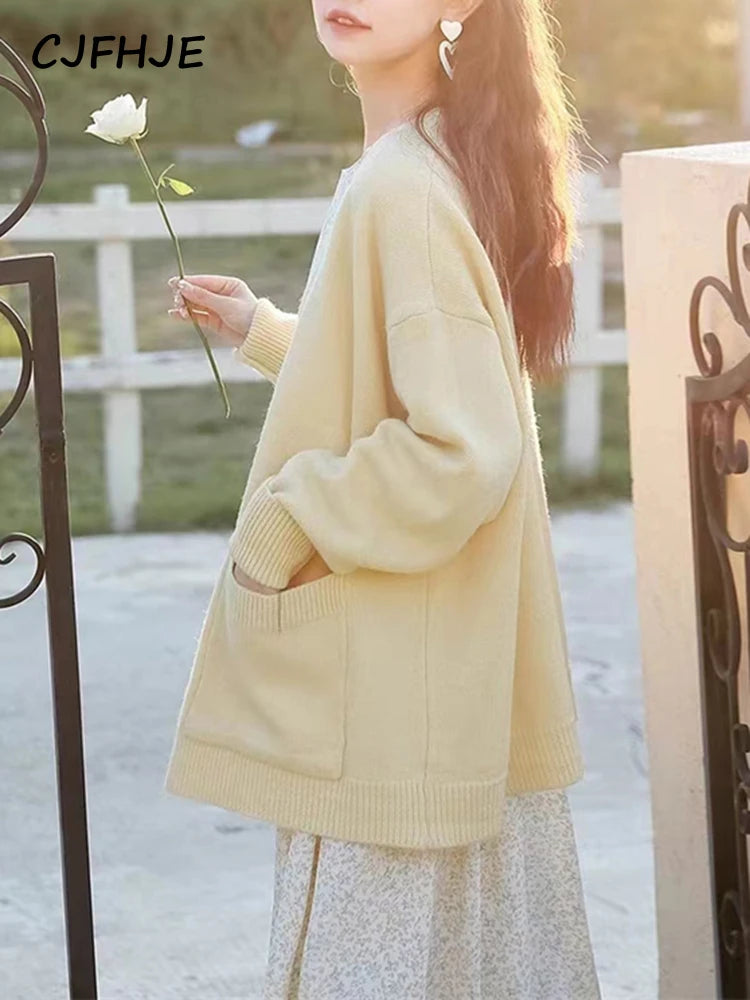 CJFHJE Beige Pockets Knitted Sweater Coats Women Loose Single-breasted V-neck Purple Cardigan Female Autumn Casual Red Cardigans - Matrix Studios