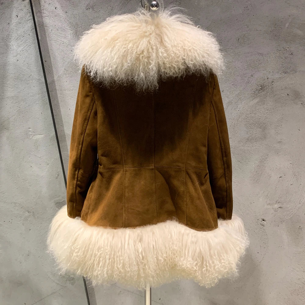 Sheep Fur Leather Coats Women Winter Luxury Mongolian Fur Leather Jackets with Long Sleeve with Natural Mongolian Fur 7251 - Matrix Studios