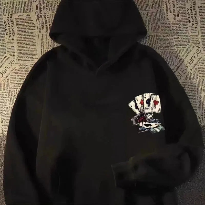 【M-8XL Hoodies】Autumn Men Pullover Hoodie Oversized Sweatshirt Fashion Loose Skeleton Poker Print Long Sleeve Couple Clothes - Matrix Studios