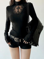 Turtleneck Top Y2k Clothes Black Gothic Cross Hollow Slimming Bottom T Shirt for Women Long Sleeve Sexy T-shirt Girls Tops - Matrix-studios.com