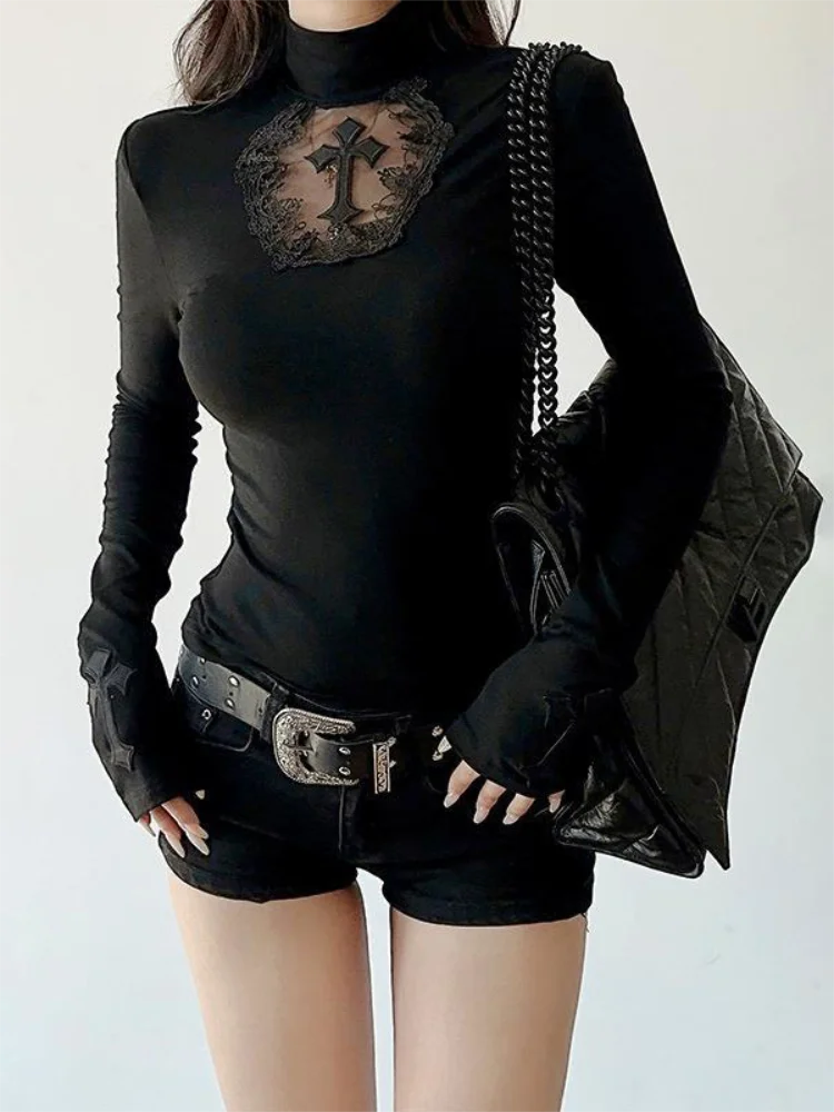 Turtleneck Top Y2k Clothes Black Gothic Cross Hollow Slimming Bottom T Shirt for Women Long Sleeve Sexy T-shirt Girls Tops - Matrix-studios.com