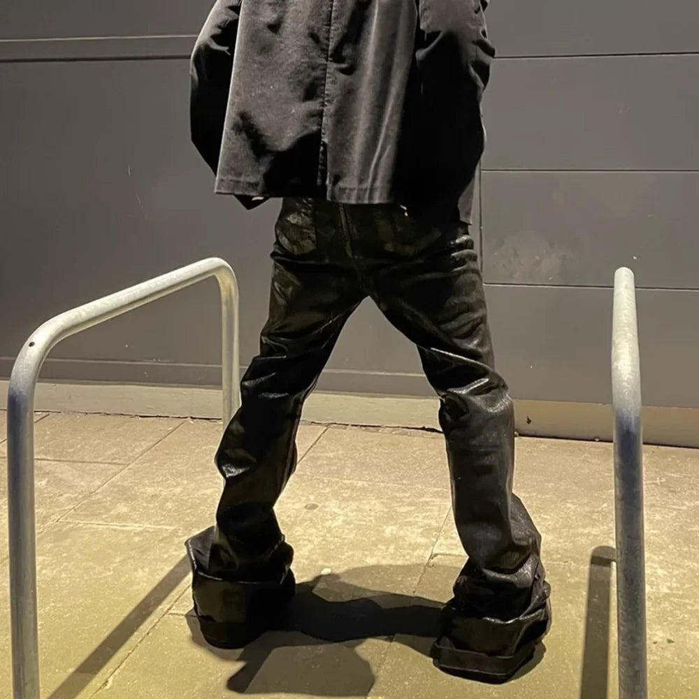 Streetwear Black Wax Leather Strecth Jeans for Men Ropa Hombre Baggy Y2k Flare Pants Oversized Straight Denim Trousers - Matrix Studios