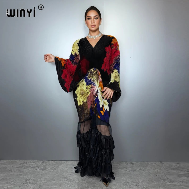 WINYI Pleated Elastic Loose Dress Beach Cover Up Abaya Dubai Luxury Party Dress Fashion Evening Dress Abaya Muslim Woman Kaftan - Matrix-studios.com