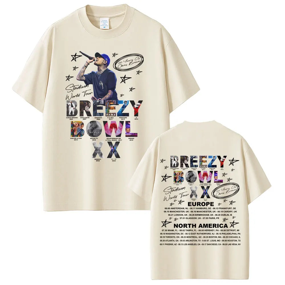 Rapper Chris Brown Breezy Bowl XX Tour 2025 T-shirt Men Women Hip Hop Fashion Pop Music  T Shirts Casual Cotton Vintage T-shirts