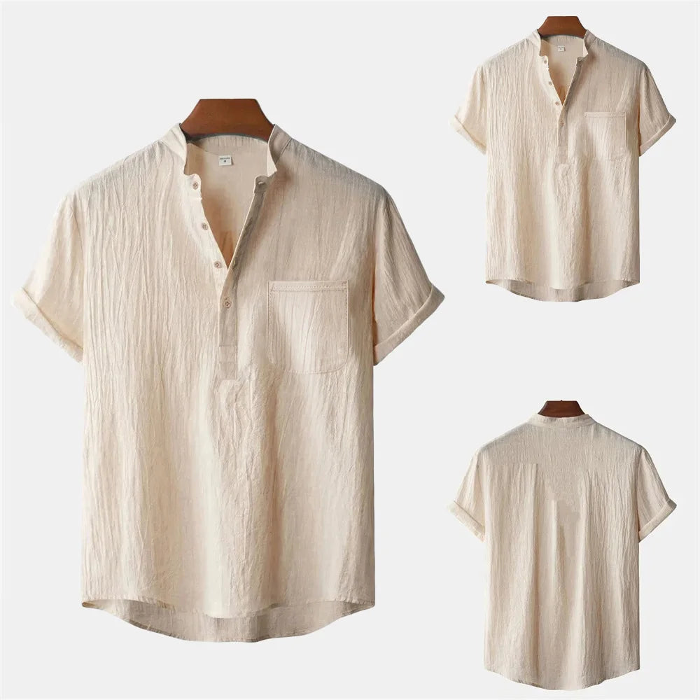 Men's Summer Cotton Linen T-shirt Beach Style Short SLeeve Henley Neck Vacation Hawaii Casual Lightweight Breathable Cozy Tops - Matrix Studios