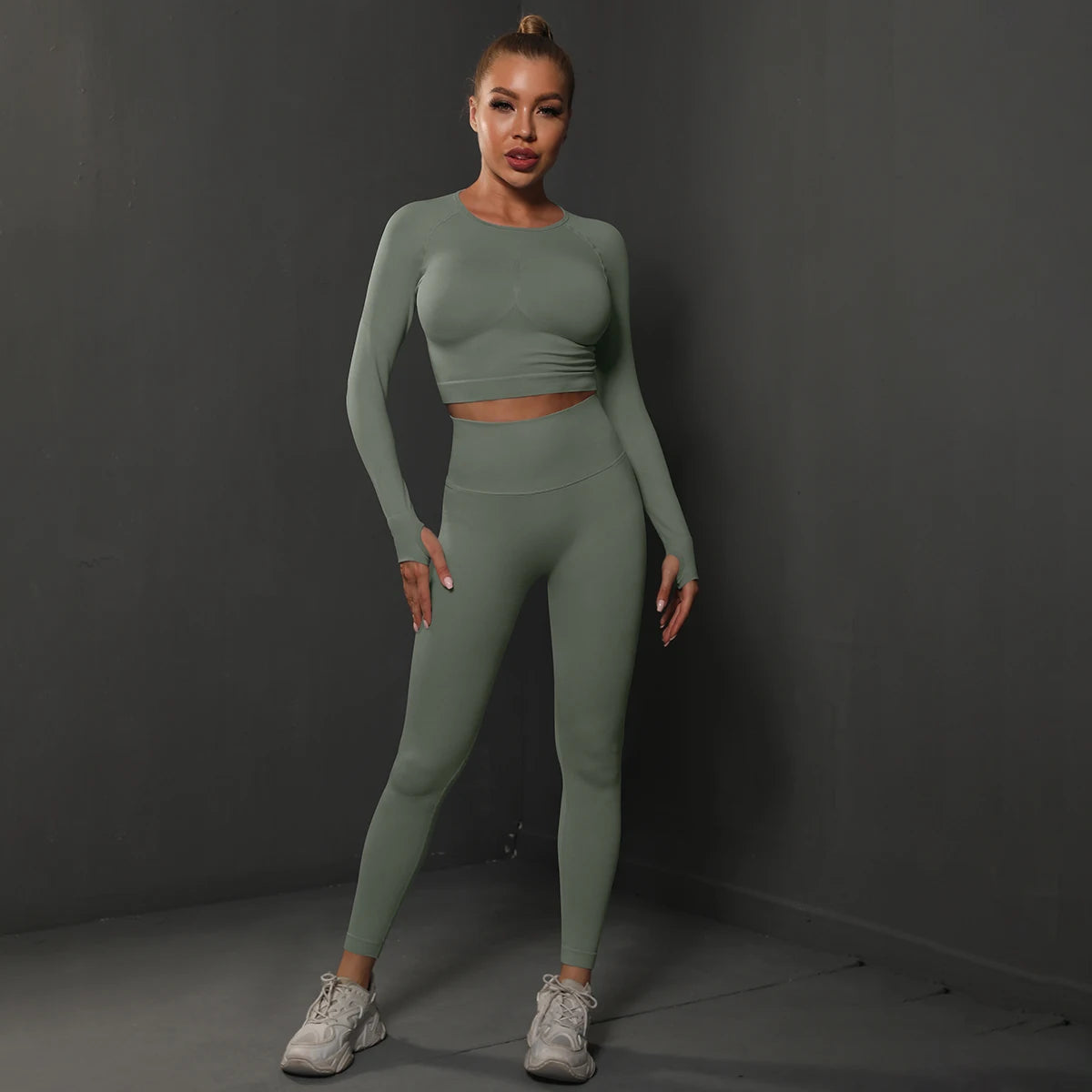 2Pcs Women Sets Energy Seamless Gym Suits Bubble Butt Sports Pants+Long Sleeve Shirts Push Up Running Sets Tracksuits Tights Set - Matrix-studios.com