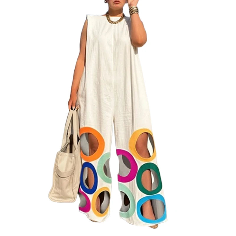 Yeezzi Women Fashion Rainbow Hollow Wide Leg Jumpsuits 2026 New Summer Sleeveless Loose Urban Office Overalls With Shoulder Pad - Matrix Studios