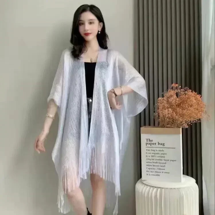 Gold Crochet Cover Up Women Sun Protective Beach Shirt Sheer Mesh Tunic with Shiny Tassel Trim Resort Wear Swimwear Cover Ups - Matrix Studios