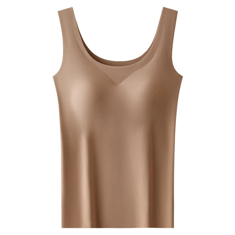 M-2XL Ice Silk Seamless One-piece Bottoming Tank Tops with Chest Pads Women Inner Outerwear Wide Shoulder Sleeveless Tops - Matrix-studios.com