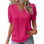 Women's Lace Stitching Shirt Summer Loose V Neck Short Sleeve Pullover Chiffon Shirt Solid Top Simple Elegant Street Blouse - Matrix-studios.com