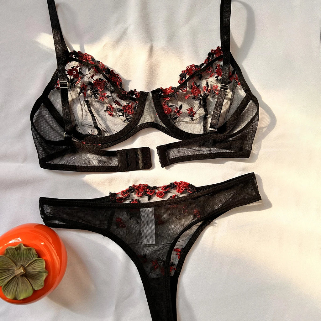 Sexy Set Womens Underwear Exotic Emotional Bra Set Embroidered Print Brassiere Lingerie Set Women's Set Push Up Thin Bralette - Matrix-studios.com