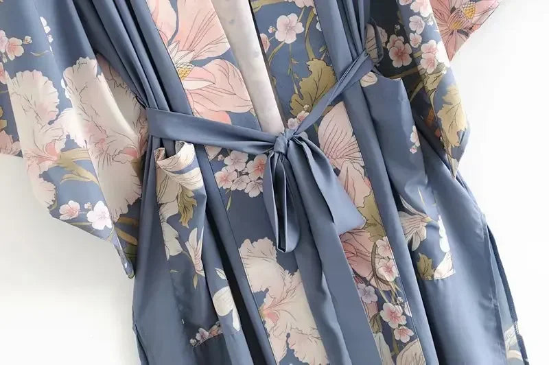 Boho Queens Vintage Peacock Floral Print Sashes Women Bohemian V Neck Batwing Sleeves Ladies Blouses Happie Beach Robe Cover-up - Matrix Studios