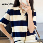 WinvyNee Summer Half Sleeved Women's Solid Polo Shirt Casual Cotton Striped Top T-shirt Women Clothing Casual Knitted A1002022 - Matrix-studios.com