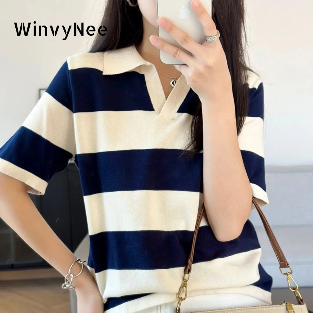 WinvyNee Summer Half Sleeved Women's Solid Polo Shirt Casual Cotton Striped Top T-shirt Women Clothing Casual Knitted A1002022 - Matrix-studios.com