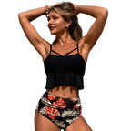 Women's Black Floral Print Bikini Set High Waist Tankini Sexy Hollow Out Ruffle Push Up Bathing Suit 2 Piece Swimsuit  2026 - Matrix-studios.com