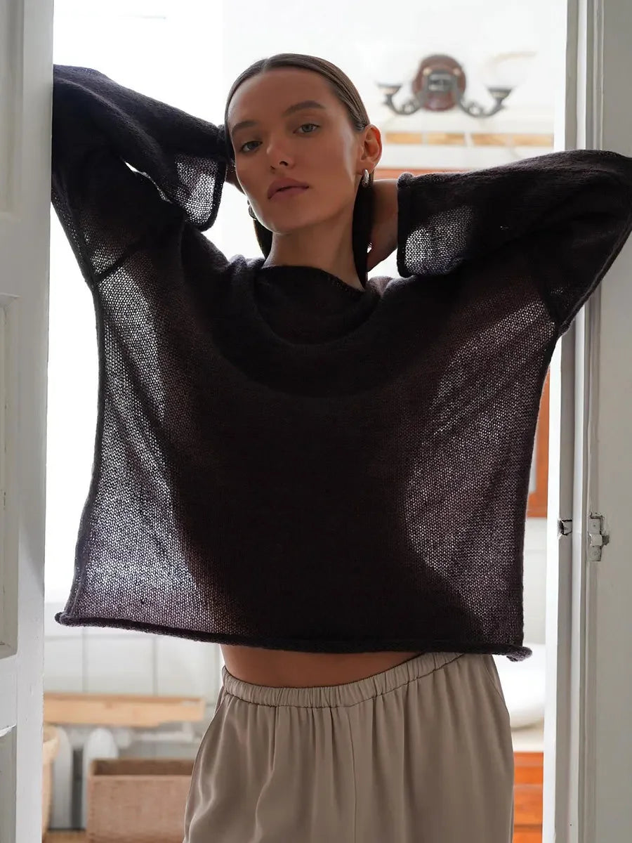 Talenza Hollow Knitted Sweater Pullover Women's Solid See-through O-Neck Long Sleeve Knitted T-Shirt Loose Casual Pullover 2026 - Matrix Studios