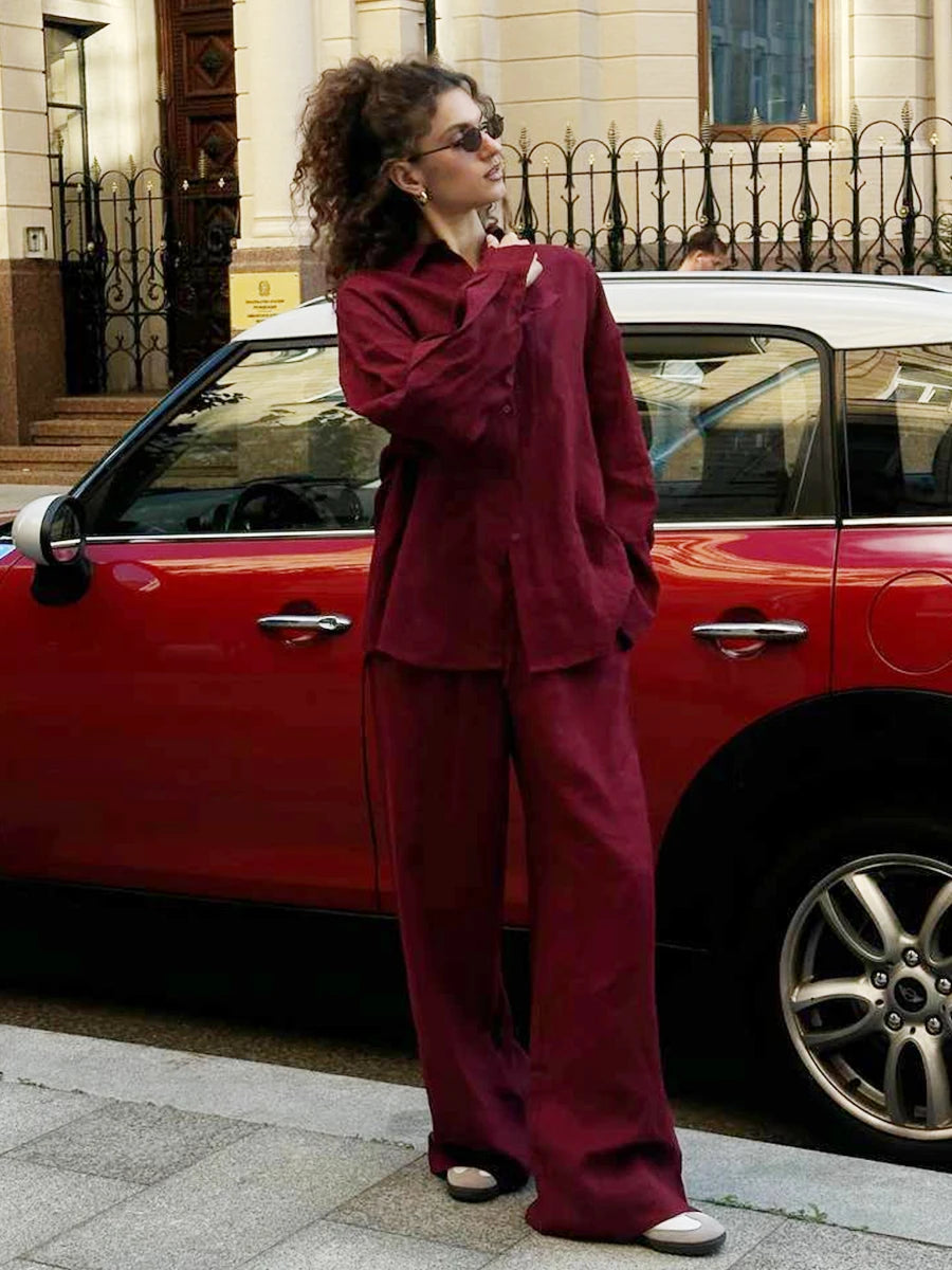 Bornladies Cotton Casual Pants Sets Women's Solid Color Cozy Lapel Long Sleeve Shirt Summer Outfit Elastic Waist Pants Suits - Matrix-studios.com