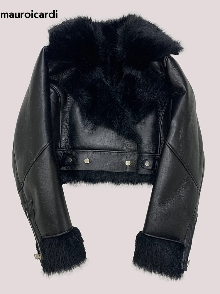 Mauroicardi Autumn Winter Short Thickened Black Warm Soft Faux Sheepskin Coat Women Loose Casual Chic Fluffy  Jacket 2025 - Matrix Studios