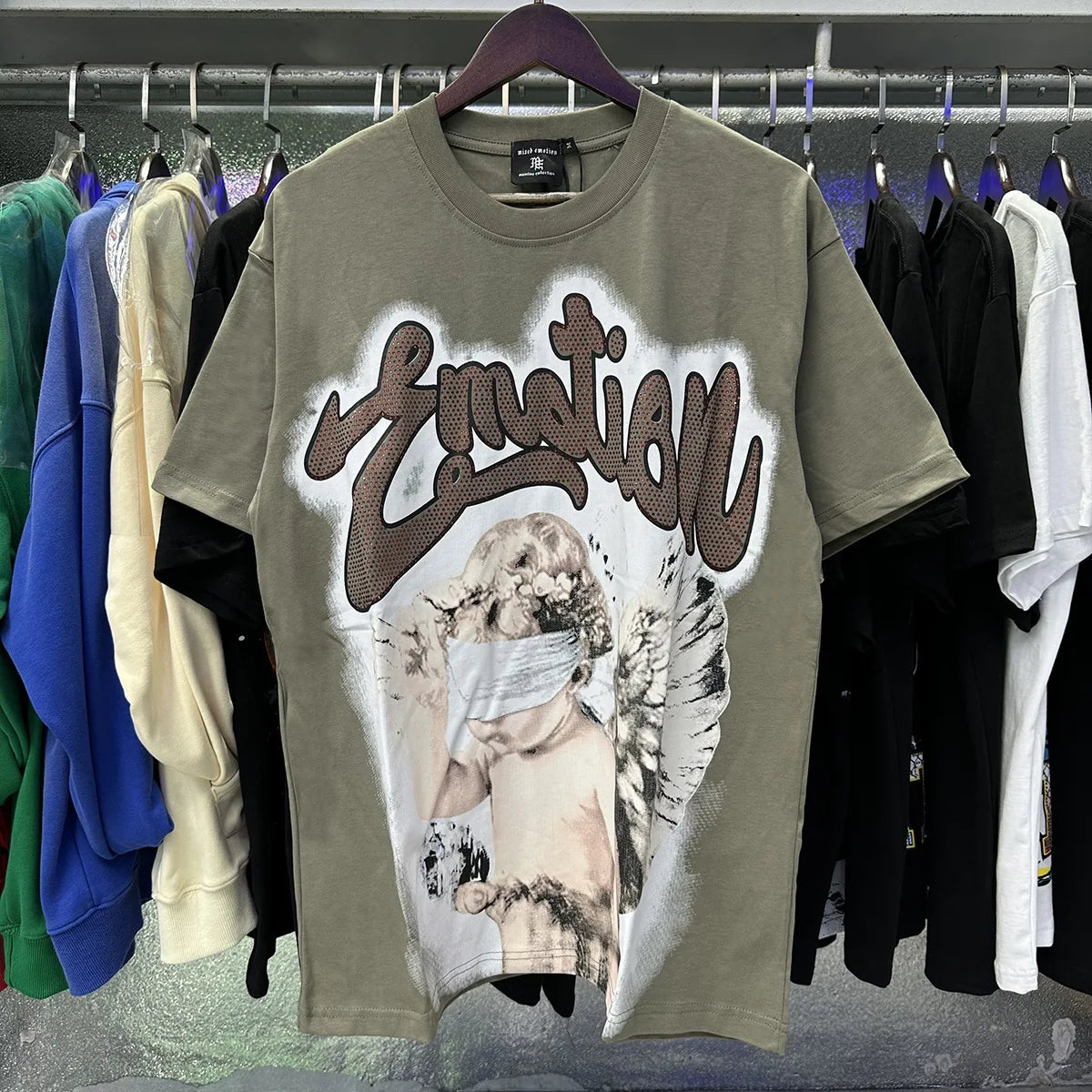 MIXED EMOTION Shirt Rhinestone Short Sleeve Men Women T-shirt Streetwear 100% Cotton Loose Round Neck Top Tees Oversized Tee Top - Matrix Studios