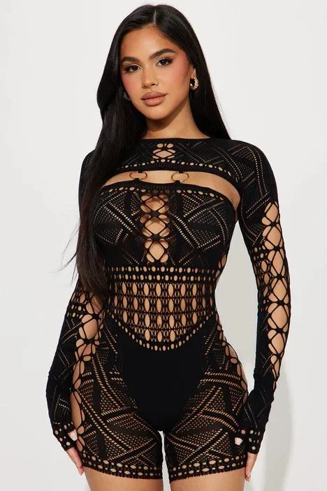 Women's Sexy Long Sleeve Jumpsuit See Through Outfit Sheer Mesh Hollow Out Night Club Short Romper - Matrix Studios
