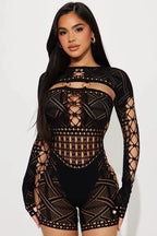 Women's Sexy Long Sleeve Jumpsuit See Through Outfit Sheer Mesh Hollow Out Night Club Short Romper - Matrix Studios