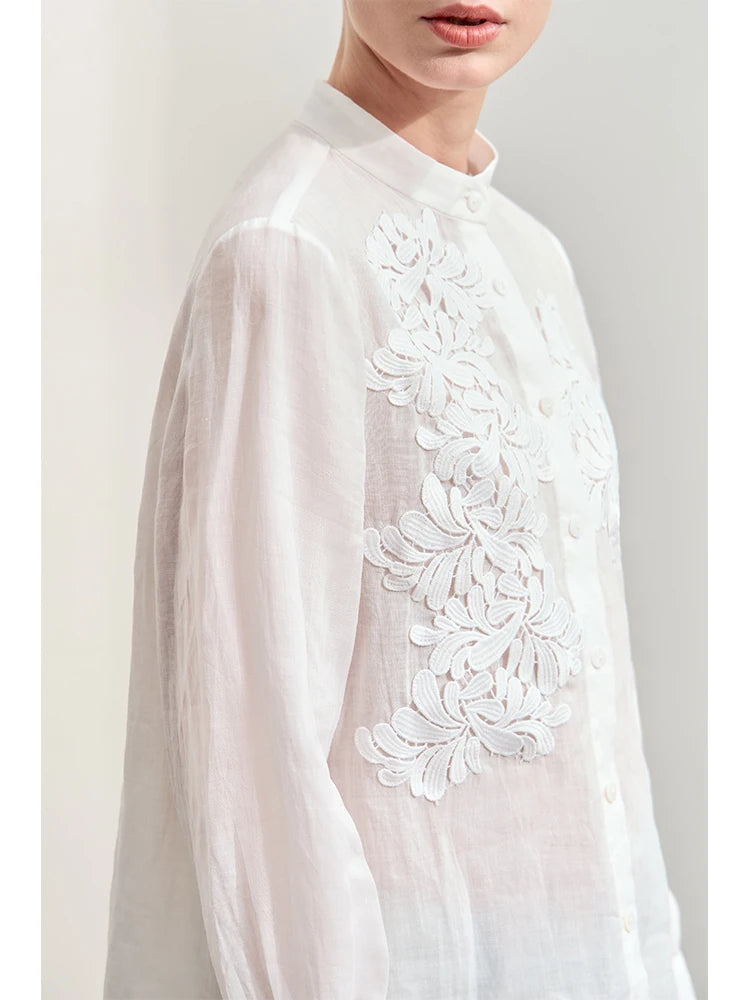 Amii Minimalism Women Shirts 2026 Autumn New Chinese Stand Collar Lace Decal Shirt Fashion Female Shell Button Blouses 12443001 - Matrix-studios.com