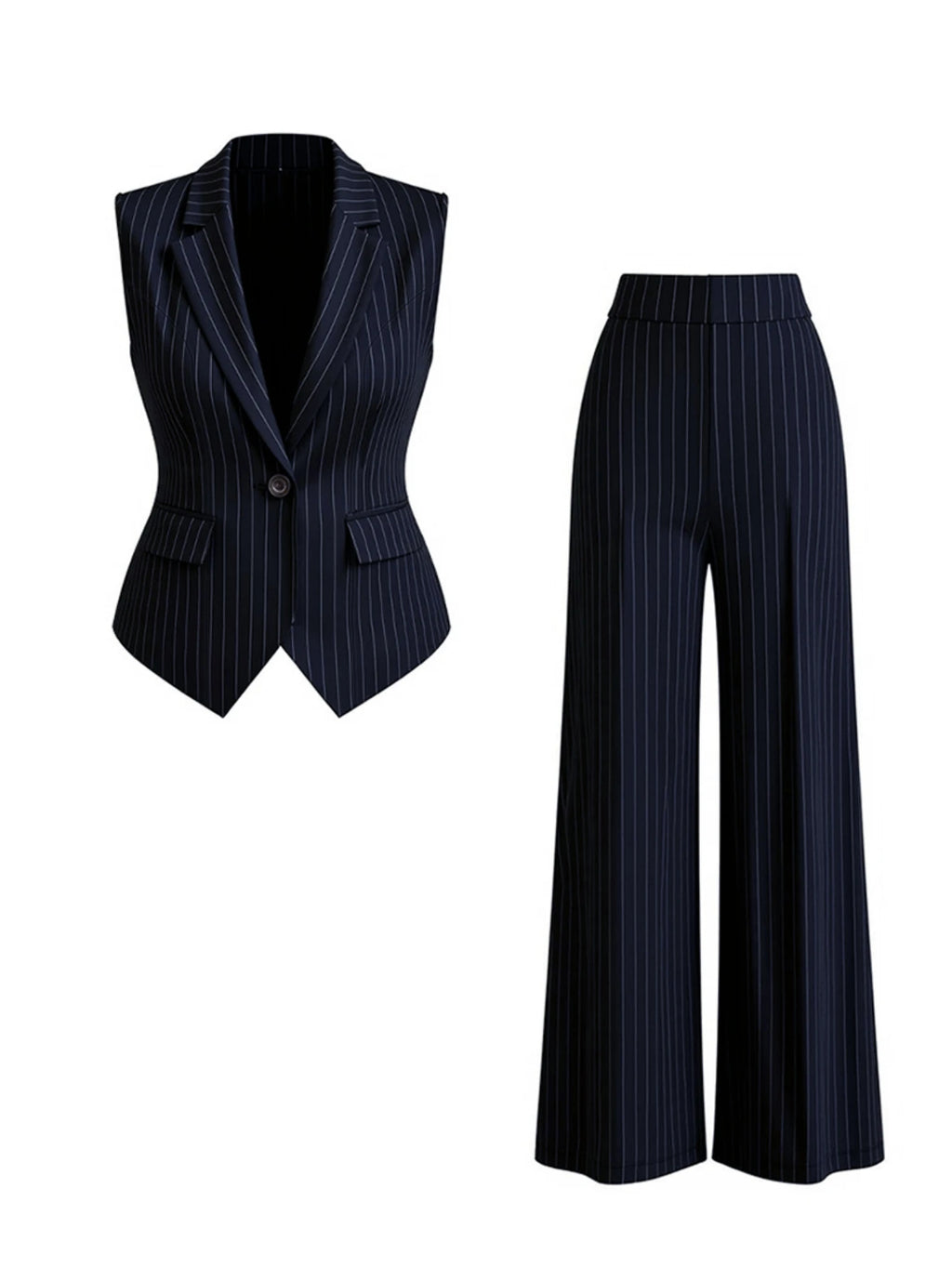 Vertical Stripe Lapel Sleeveless Vest And High Waist Wide Leg Pants Two Piece Office Suit For Women Formal Business Matching Outfit Set - Matrix-studios.com