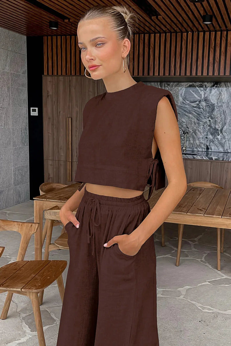 Spring Summer 2025 Women Holiday Linen Pant Set Crop Tops Solid Outfits 2 Two Piece Matching Set For Women - Matrix-studios.com
