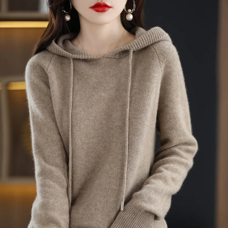 Hooded Sweater Fashion Women Autumn Winter Long Sleeve Solid Color Knitted Hoodies Lady Loose Drawstring Casual Pullover Hoodie - Matrix Studios