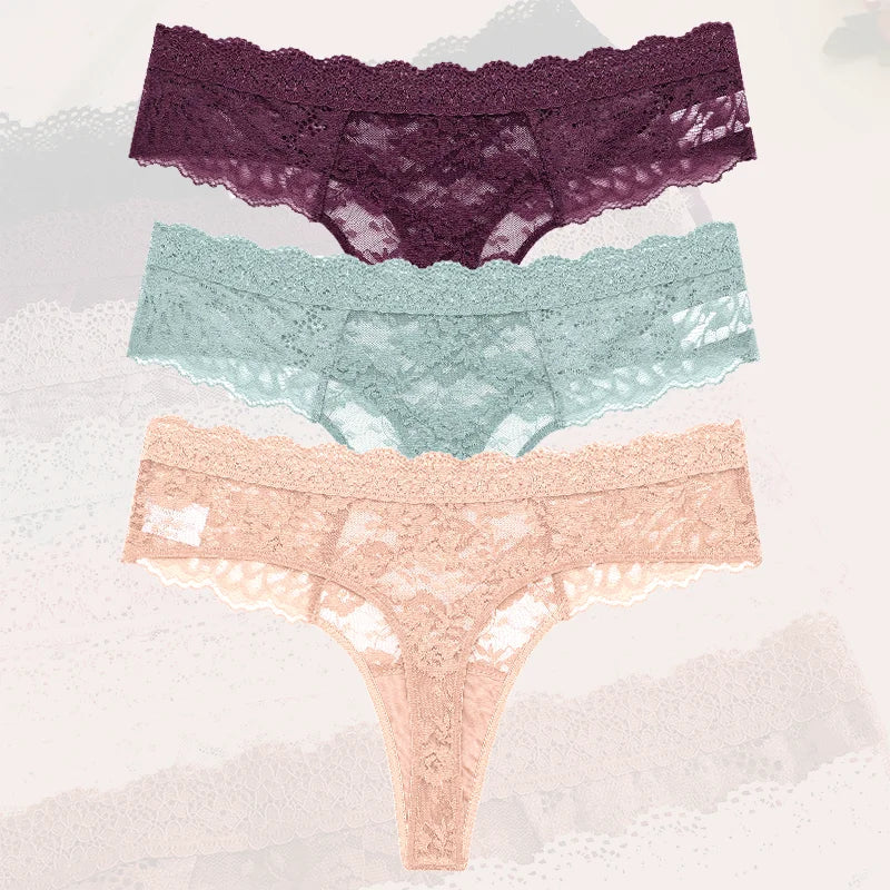 3Pcs Lace Sexy Thongs Women Low-Rise Briefs Sexy Soft Ladies Underwear Trendy Floral Underpants Female Flowery Panty Lingerie - Matrix Studios