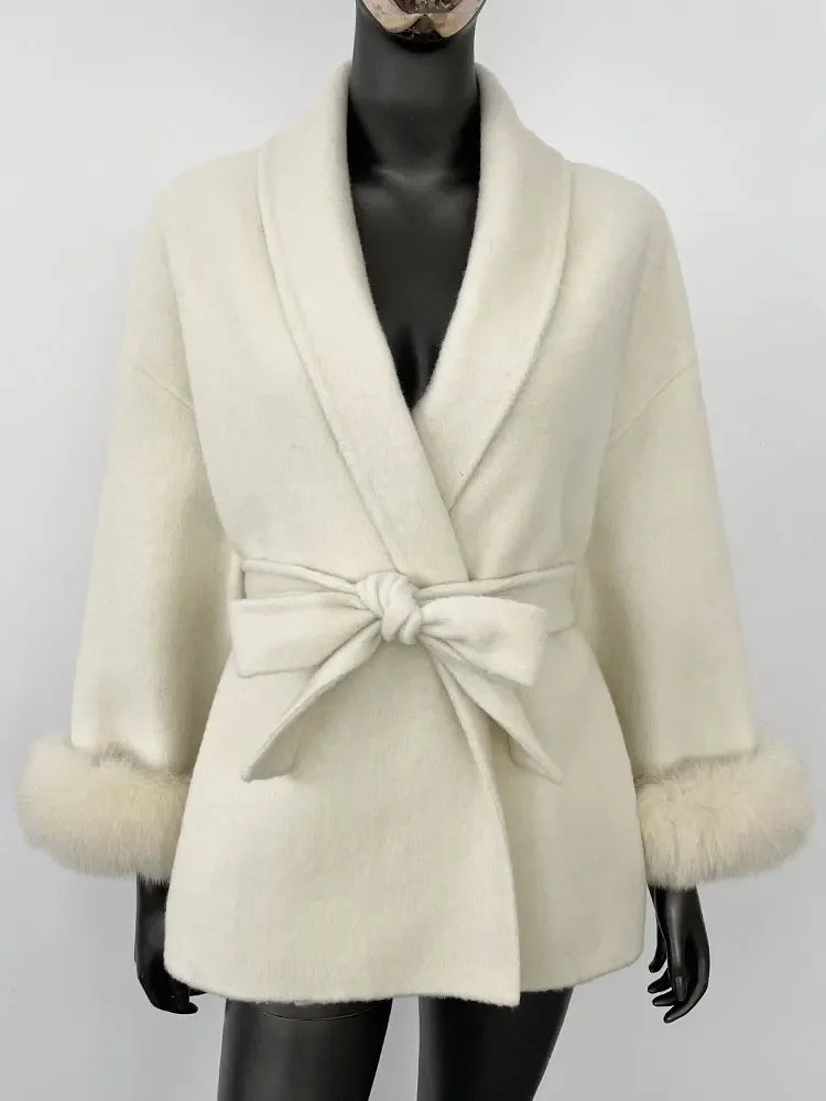 OFTBUY Oversize Loose Autumn Winter Women Coat Real Natural Fox Fur V-neck Woolen Blends Jacket Thick Warm Casual New Overwears - Matrix Studios