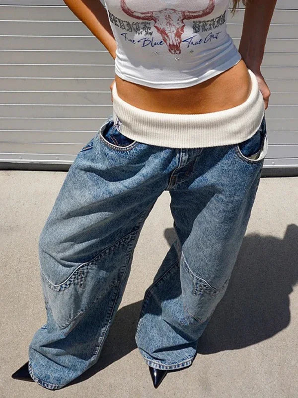 Y2K Hip-hop Stitching Fashion Joker Retro Jeans Female Korean Casual Simple Dress Essential Wide-leg Pants Loose  Joker Overalls - Matrix-studios.com