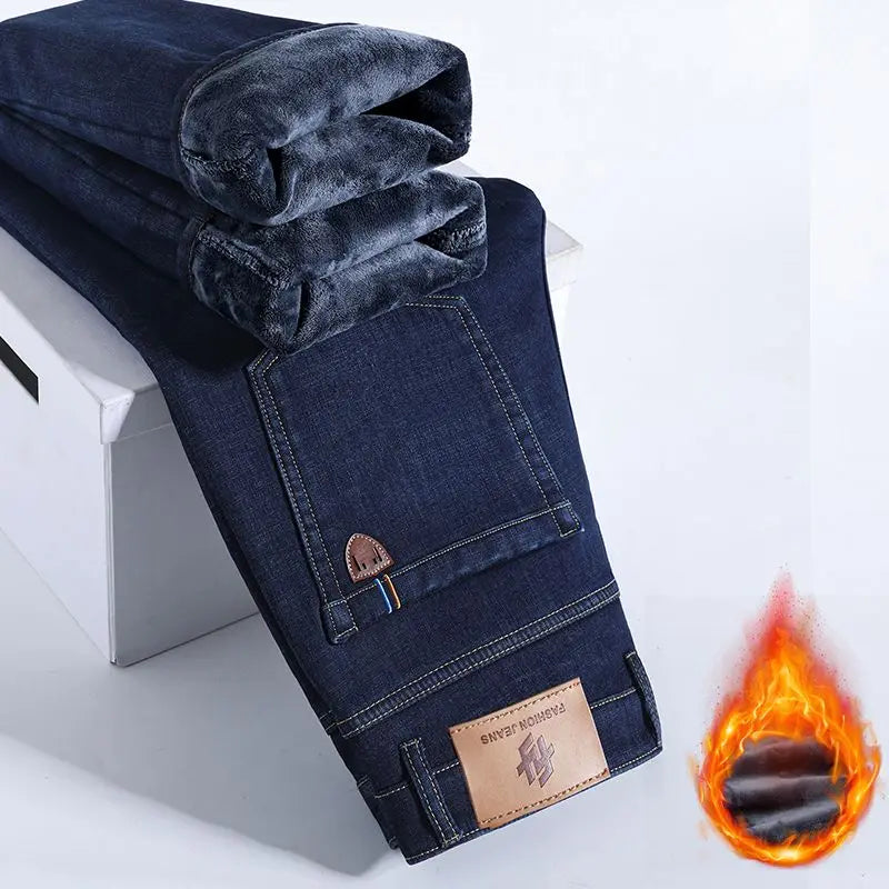 Winter Warm Fleece Jeans Men's Thick Thermal Casual Straight Denim Pants Male Business Work Stretch Trousers New Clothing - Matrix Studios